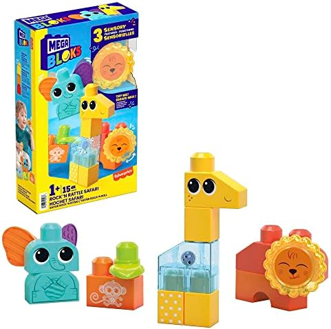 Mega BLOKS Fisher-Price Toddler Building Blocks Toy Set, Rock ‘n Rattle Safari with 15 Pieces, 3 Buildable Animals, Ages 1+ Years Mega