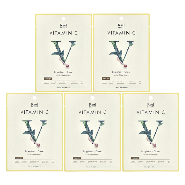 Vitamin C, Brighten + Glow Facial Beauty Sheet Masks, 5 Sheets, 0.84 fl oz (25 ml) Each Rael