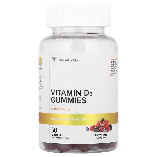 Vitamin D3 Gummies, Berry, 50 mcg (2,000 IU), 60 Gummies (25 mcg per Gummy) Vitauthority