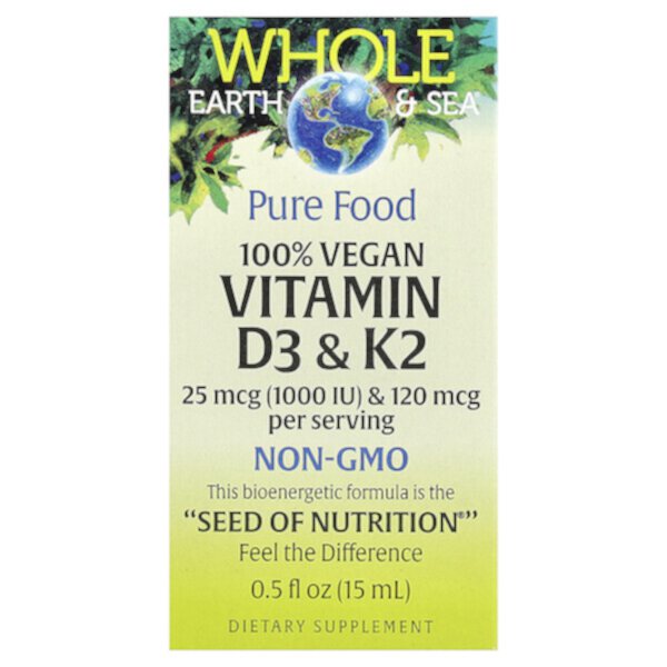 Whole Earth Sea®, 100% Vegan Vitamin D3 & K2, 0.5 fl oz (Жидкие унции) (15 ml) Natural Factors