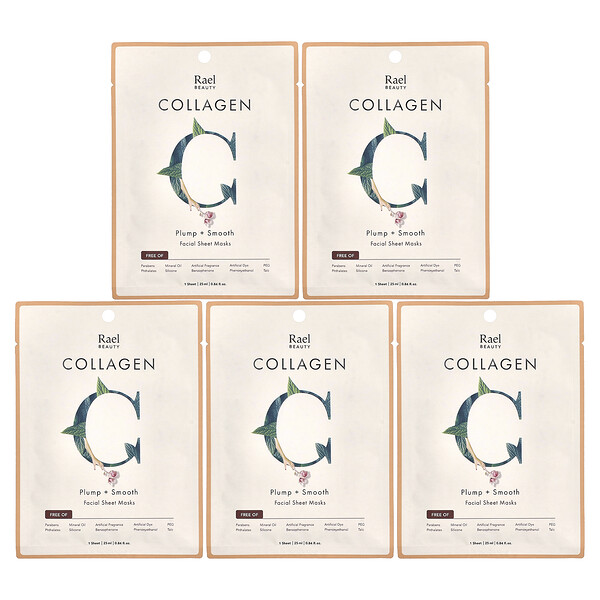 Beauty, Collagen Facial Beauty Sheet Masks, 5 Sheets, 0.84 fl oz (25 ml) Each Rael