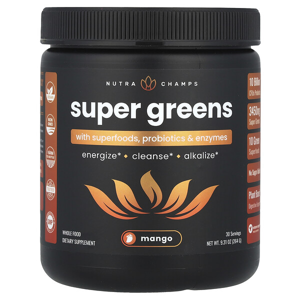 Super Greens, With Superfoods, Probiotics & Enzymes, Mango, 9.31 oz (264 g) NutraChamps