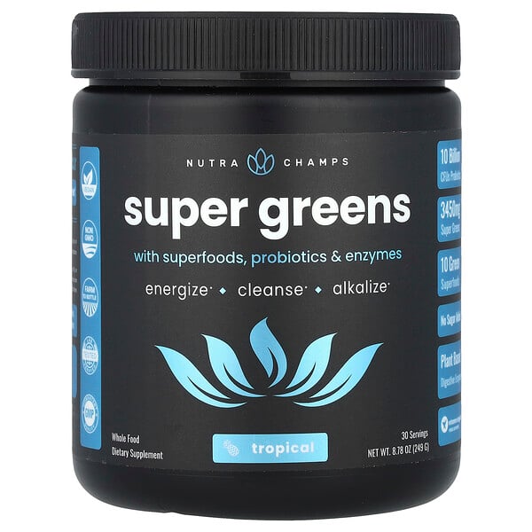 Super Greens, With Superfoods, Probiotics & Enzymes, Tropical, 8.87 oz (249 g) NutraChamps