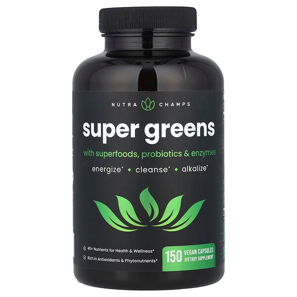 Super Greens With Superfoods, Probiotics & Enzymes, 150 Vegan Capsules NutraChamps