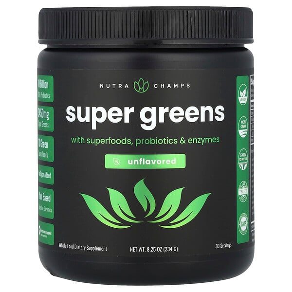 Super Greens With Superfoods, Probiotics & Enzymes, Unflavored, 8.25 oz (234 g) NutraChamps