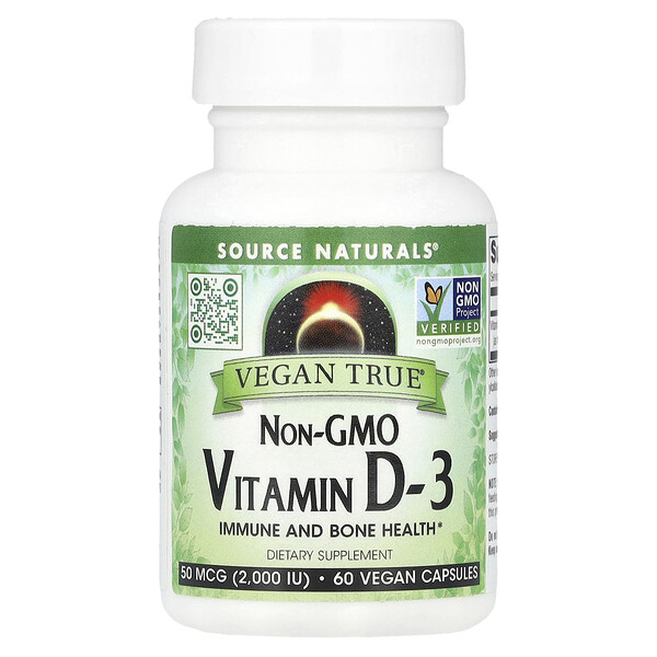 Vegan True®, Non-GMO Vitamin D3, 50 mcg (2,000 IU), 60 Vegan Capsules (Веганские капсулы) Source Naturals