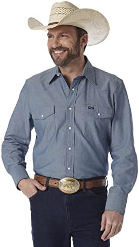 Wrangler Mens Cowboy Cut Western Two Pocket Long Sleeve Snap Work Shirt - Firm Finish - B&T,Chambray Blue,X-Large Tall Wrangler