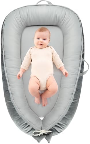 Baby Lounger - Baby Lounger for Newborn 0-24 Months, Breathable & Soft Cotton and Velvet Cover Co Sleeping Baby Nest, Baby Essentials & Shower Gifts, Portable Infant Lounger for Home and Travel BBWOO