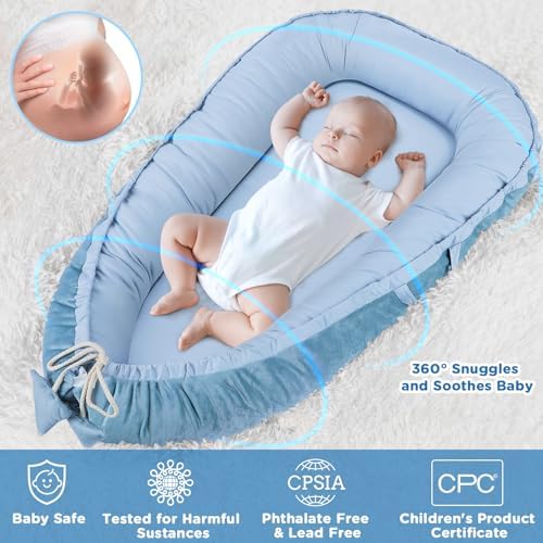 Baby Lounger - Baby Lounger for Newborn 0-24 Months, Breathable & Soft Cotton and Velvet Cover Co Sleeping Baby Nest, Baby Essentials & Shower Gifts, Portable Infant Lounger for Home and Travel Bbwoo