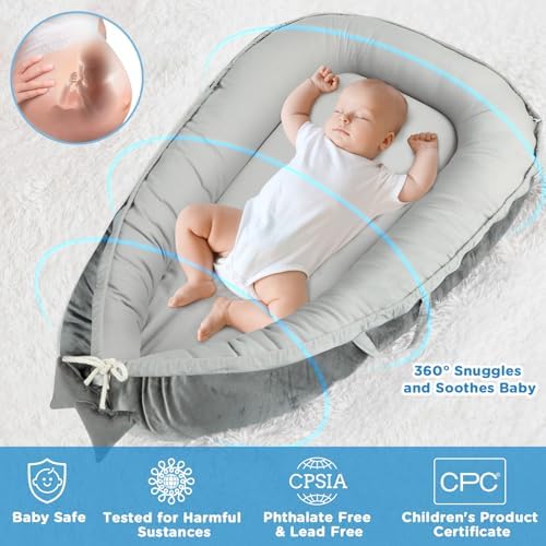 Baby Lounger - Baby Lounger for Newborn 0-24 Months, Breathable & Soft Cotton and Velvet Cover Co Sleeping Baby Nest, Baby Essentials & Shower Gifts, Portable Infant Lounger for Home and Travel BBWOO