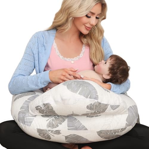 Nursing Pillow for Breastfeeding, Breastfeeding Essentials for Newborn, More Support for Mom and Baby, with Adjustable Waist Strap and Removable Cotton Cover (Big Leaves) Lurui