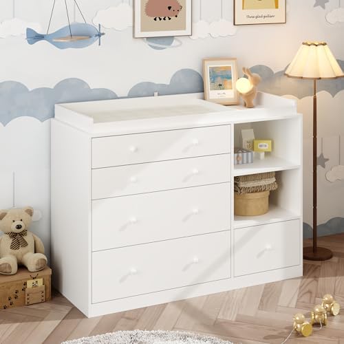 Nursery Dresser with Baby Changing Table, Diaper Changing Tables for Nursery with 5 Drawers & Shelves, Changing Station Nursery Organizer for Bedroom, White (47.6" W x 19.7" D x 36.1" H) ROMSHINE