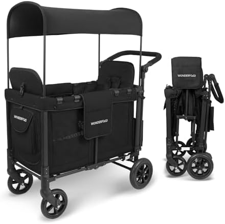 WONDERFOLD W2 Original + Stroller Wagon (2 Seater) - Collapsible Wagon Stroller with Seats with 5-Point Harnesses, Easy-Access Door, and Adjustable Sun Canopy, Black WONDERFOLD