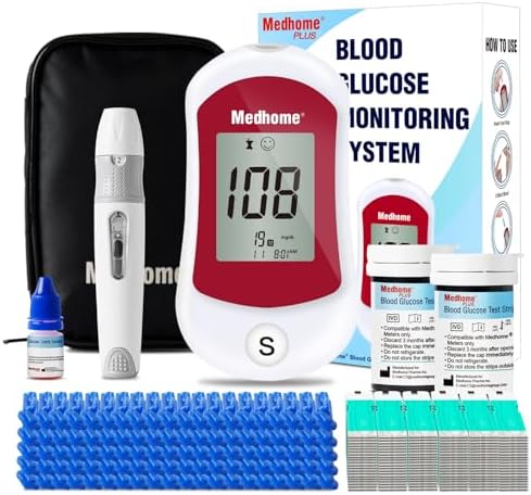 Blood Glucose Monitor Kit, 100 Glucometer Strips, 100 Lancets, 1 Lancing Device, 1 Blood Sugar Monitor with Control Solution, Large Memory Capacity, No Coding. Medhome