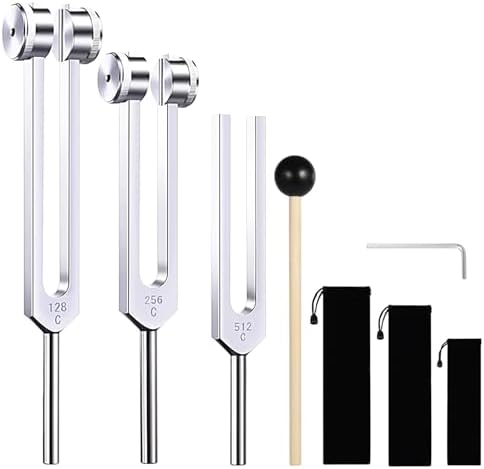 Tuning Fork Set (128Hz, 256Hz, 512Hz) of 3, Aluminum Forks with Hammer GOGHOST