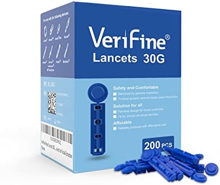 Lancets for Diabetes Blood Glucose Testing, 30G 200 Count Diabetic Lancets for Less Pain, Universal Sterile Needles Fit for Almost All Lancing Devices, Disposable Blood Sugar Lancets Verifine