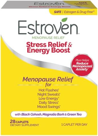 Estroven Stress Relief & Energy Boost for Menopause Relief - 28 Ct. - Clinically Proven Ingredients Provide Stress & Energy Support + Night Sweats & Hot Flash Relief - Drug-Free and Gluten-Free Estroven