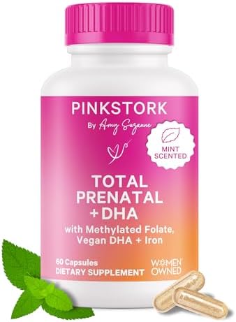 Pink Stork Total Prenatal Vitamins with DHA, Folate, Iron, Choline, and Vitamin B12 - Preconception Nutrition - Prenatals for Women, Pregnancy Must Haves - Mint Essence, 60 Capsules, 1 Month Supply Pink Stork