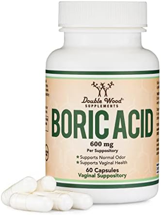 Boric Acid Suppositories (600mg Vaginal Suppository, 60 Count) Supports Vaginal pH Balance, Odor Control (USP Medical Grade Fine Powder (Порошок), Easy Dissolve, Third Party Tested) by Double Wood Double Wood Supplements