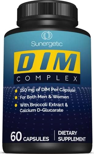 Sunergetic Premium DIM Supplement– 150mg DIM (diindolylmethane), Broccoli, Calcium D-Glucarate & Bioperine- DIM Capsules (Капсулы) for Men & Women–DIM Complex for Menopause Support & Balance - 60 DIM Capsules Sunergetic