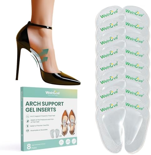 Arch Support Inserts Flat Feet - Welnove 8-Pair Gel (Гель) Arch Support Insoles for Plantar Fasciitis, Foot Pain Fatigue Relief - Soft Arch Support Heel Pads Adhesive Fit Most Shoes, Men Women, 0.47" Height Welnove