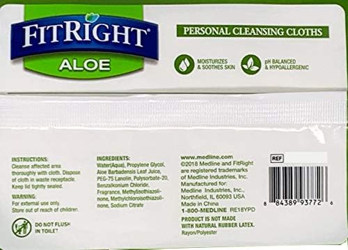 Medline FitRight Aloe Personal Cleansing Cloth Wipes, Scented, Pack of 48, 8 x 10 inch Adult Large Incontinence Wipes Medline