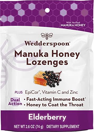 Wedderspoon Manuka Honey Immunity Lozenges (Пастилки) with Epicor, Zinc, Vitamin C – Elderberry, 2.6 Oz (Pack of 1), Boosts Immunity Within Two Hours Wedderspoon