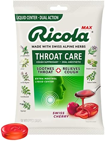 Ricola Max Swiss Cherry Throat Care Large Bag | Cough Suppressant Drops (Капли) | Dual Action Liquid (Жидкость) Center | Soothing Long-Lasting Relief - 34 Count (Pack of 1) Ricola