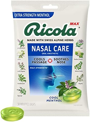 Ricola Max Cool Menthol Nasal Care Large Bag | Cough Suppressant Drops (Капли) | Dual Action Liquid (Жидкость) Center | Soothing Long-Lasting Relief - 34 Count (Pack of 1) Ricola