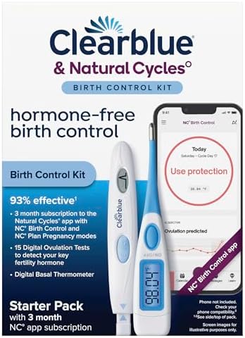 Clearblue & Natural Cycles Hormone-Free Birth Control Kit Starter Pack, 3 Month Subscription to The Natural Cycles app, 15 Digital Ovulation Tests, 1 Digital Basal Thermometer Clearblue