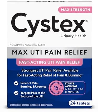 Cystex UTI Pain Relief for Women and Men, Phenazopyridine HCl 99.5mg Tablets (Таблетки), Maximum Strength, Fast Acting Remedy for Burning and Bladder Discomfort, Works in 15 Minutes, 24 Tablets Cystex