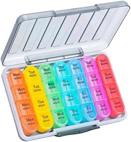 Daviky Weekly Pill Organizer 4 Times a Day, Moisture-Proof Pill Box 7 Day, Daily Pill Case Medicine Organizer Box Easy to Carry, Travel Pill Organizer with 28 Compartments to Hold Vitamins & Meds Daviky