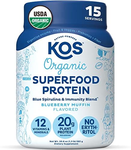 KOS Plant Based Protein Powder (Порошок), Blueberry Muffin - Organic Pea Protein Superfood with Spirulina and Immune Support Blend. Soy, Gluten, Dairy Free - Vegan Meal Replacement for Women & Men - 10 Servings (Порции) KOS