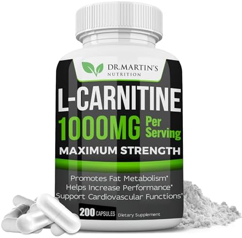 DR. MARTIN'S NUTRITION Extra Strength L-Carnitine - 200 Capsules (Капсулы) - 1000mg Per Serving (Порция) - Boost Your Metabolism and Increase Performance DR. MARTIN'S NUTRITION