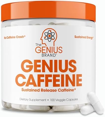 Genius Caffeine Pills 100mg, Extended-Release Microencapsulated Caffeine Pills - All-Natural Non-Crash Sustained Energy, Focus & Concentration Supplement - Nootropic Brain Booster - 100 Capsules (Капсулы) The Genius Brand