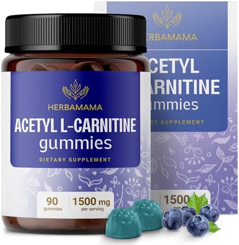 HERBAMAMA Acetyl L-Carnitine Energy Gummies (Жевательные конфеты) - 1500 mg ALCAR Energy Support Supplements for Women and Men - Vegan, Gelatin-Free, Non-GMO - 60 Blueberry-Flavored Chews HERBAMAMA