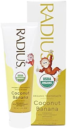 RADIUS USDA Organic Kids Toothpaste 3oz Non Toxic Chemical-Free Gluten-Free Designed to Improve Gum Health for Children's 6 Months and Up - Coconut Banana - Pack of 3 RADIUS