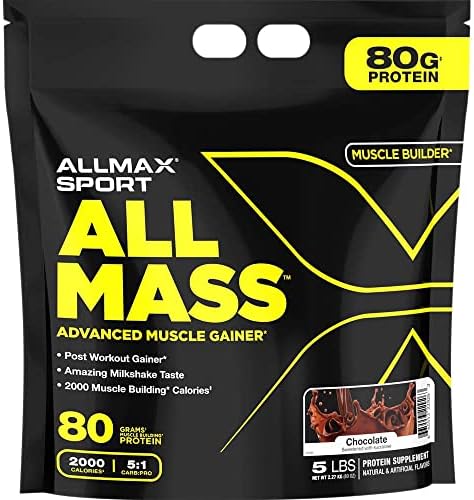 ALLMAX ALLMASS, Chocolate - 5 lb (Фунты) - Advanced Muscle Gainer - Up to 80 Grams of Protein Per Serving (Порция) - 5:1 Carb-to-Protein Ratio - Zero Trans Fat - Up to 24 Servings (Порции) ALLMAX Nutrition