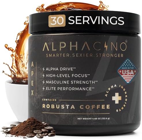 Alphacino Apex - Instant Coffee Powder (Порошок) for The Robust Vigorous Men - Muscle Growth, Sharp Focus, Enhanced Stamina - Ashwagandha KSM-66, Lion’s Mane Mushroom, Black Maca Extract, S7-30SV (4.68 oz (Унции)) Alphacino