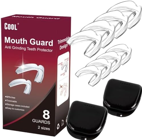 Cool Mouth Guard for Grinding Teeth at Night Guards for Teeth Grinding Mouth Guard for Teeth Clenching, 8 Pcs Bite Guard for Teeth Clenching Nighttime, 2 Sizes, BPA Free, 2 Retainer Cases Included Cool Teeth Whitening