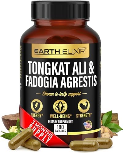 Fadogia Agrestis 600mg and Tongkat Ali 500mg Supplements (180 Capsules) - Made in USA - 3 Month Supply – 3rd Party Tested - Long Jack - Tongkat Ali Fadogia Agrestis Supplements for Men Earth Elixir