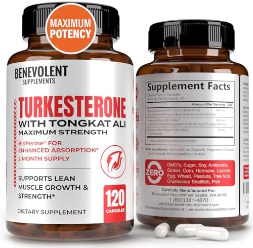 Turkesterone 8,000mg [Highest Purity] + BioPerine® for High Absorption Supplement with Tongkat Ali - Increase Stamina, Lean Muscle Growth & Recovery, Boosts Drive 3rd Party Tested 2 Months Supply Benevolent Nourishment