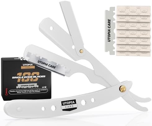 Utopia Care Professional Barber Straight Edge Razor Safety with 100-Pack Blades - 100 Percent Stainless Steel (White) Utopia Care