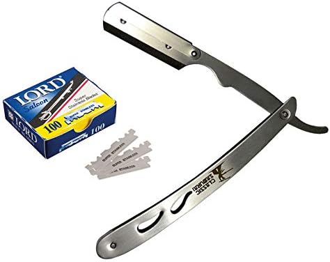 CS-102 Stainless Steel Professional Barber Straight Edge Razor with 100 Lord Single Edge Razor Blades (Silver Metal) Classic Samurai