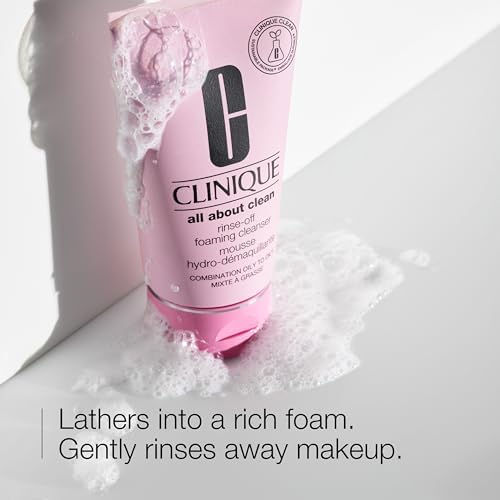 Clinique All About Clean Rinse-Off Foaming Facial Cleanser Mousse With Hyaluronic Acid + Glycerin For Oily Skin Types | Dissolves Makeup + Sunscreen Clinique