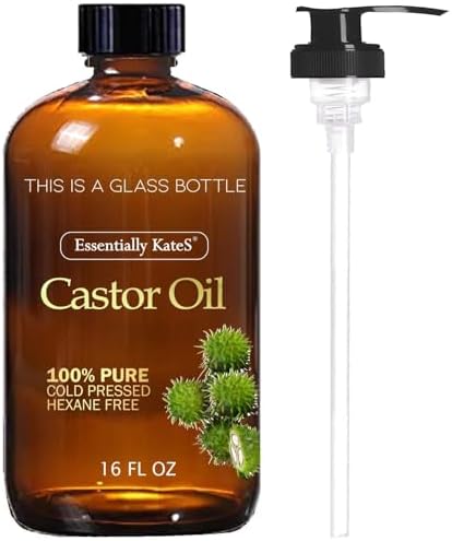 Castor Oil 16 Fl Oz (Glass Bottle) - Original Unrefined - A Huge Glass Bottle with a Pump - 100% Pure and Natural, Cold Pressed, and Hexane-Free - Hair Oil, Body Oil Essentially KateS