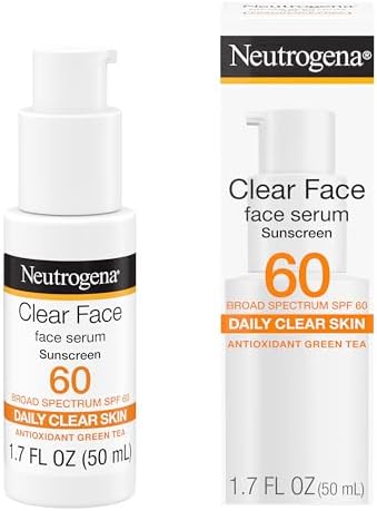 Neutrogena Clear Face Serum Sunscreen with Green Tea, Broad Spectrum SPF 60, Non-Comedogenic Face Sunscreen for Lightweight UVA/UVB Protection, Oxybenzone- & Fragrance-Free, 1.7 fl. oz Neutrogena