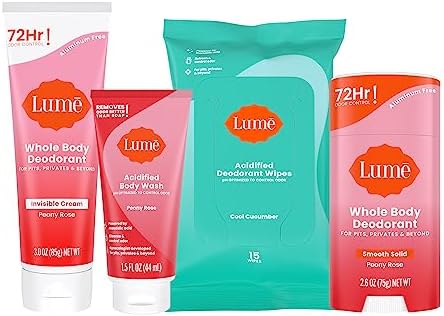 Lume Whole Body Deodorant Starter Pack - Smooth Solid Stick, Invisible Cream Tube, Acidified Body Wash Mini & Deodorant Wipes - Aluminum & Baking Soda Free Odor Control, Skin Loving (Clean Tangerine) Lume