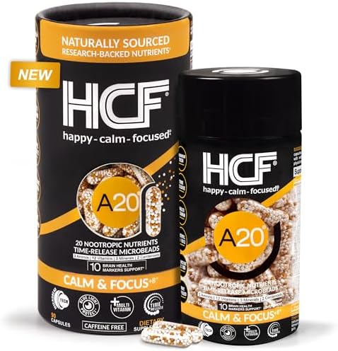 HCF A20 Microbead Brain Supplement + Multi-Vitamin - Calm, Focus, Mood, Memory, Alertness, Attention, Vision, Blue Light, Sleep, Immune System, 20 Premium Nootropic Nutrients & 7 Advances Technology HCF