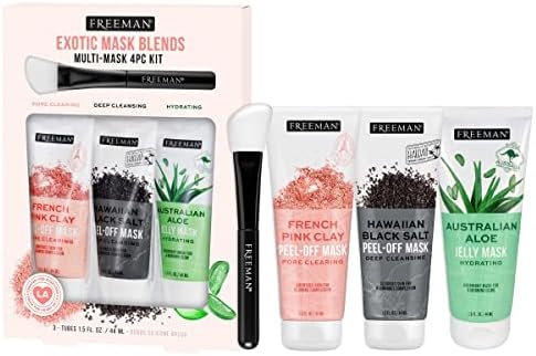 Freeman Exotic Blends Facial Mask 4 Piece Set, Mini Size, Travel Friendly Face Masks, Clearing & Hydrating, For All Skin Types, Mask Brush, Stocking Stuffer, Vegan & Cruelty-Free, 1.5 fl. oz Each Freeman